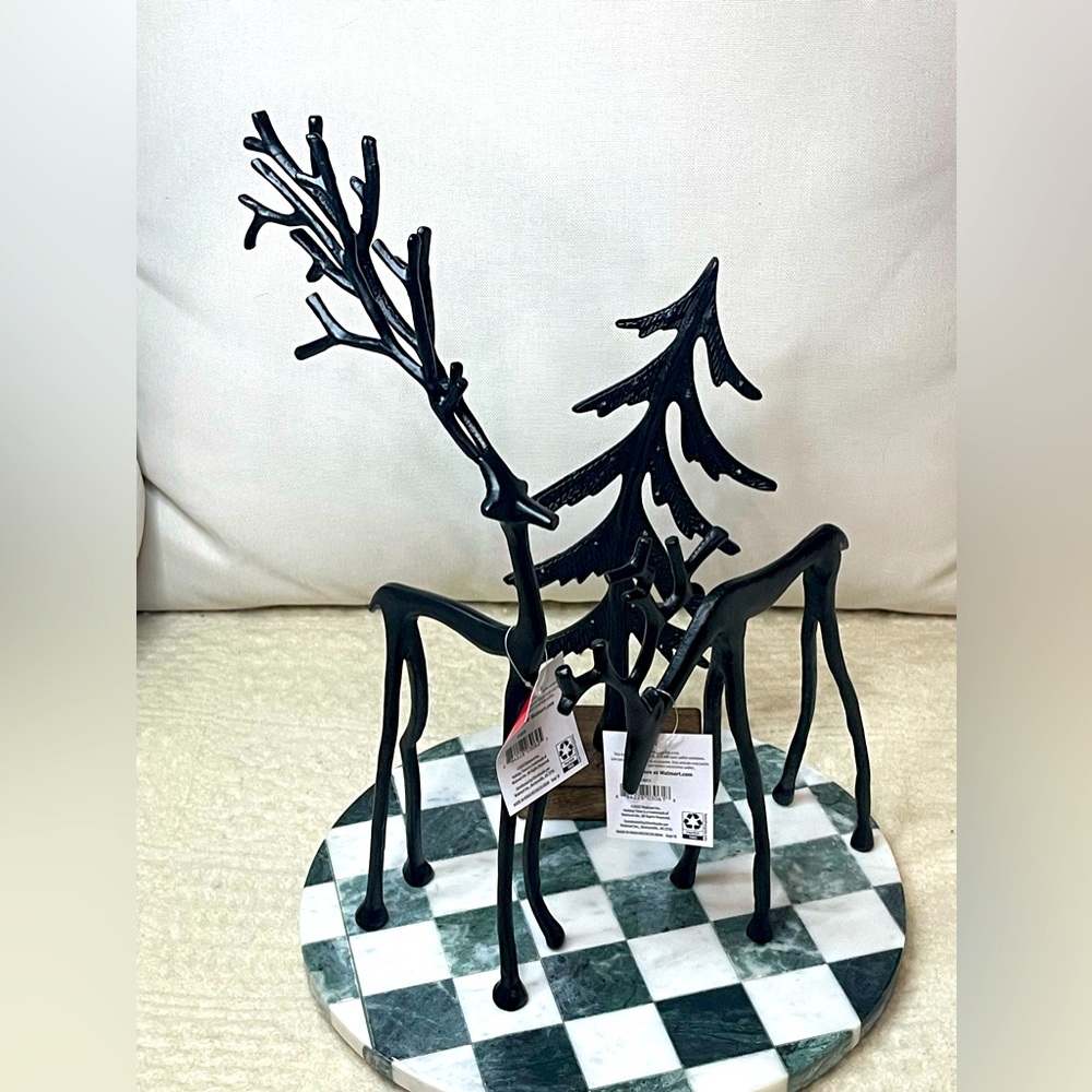 Elegant Christmas Black Metal Deer Sculpture and tilted tree set of 3